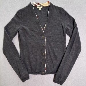 Burberry Brit Cardigan Sweater Womens Medium Gray 100% Merino Wool Button Front